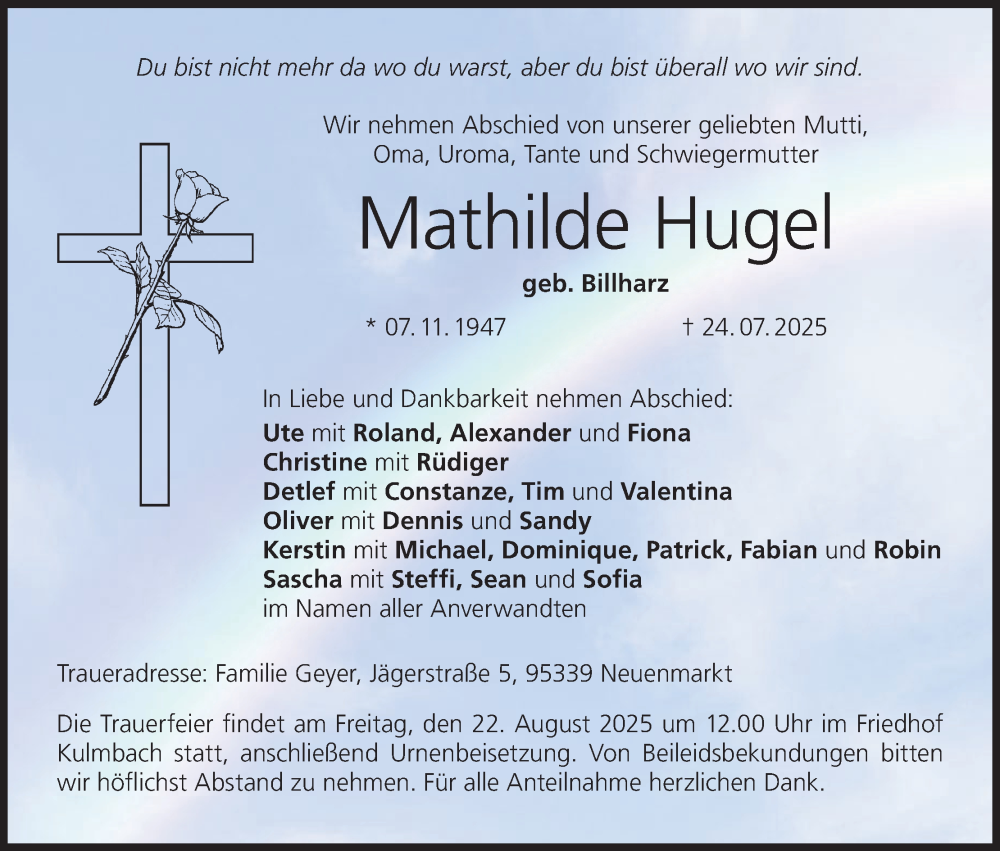  Traueranzeige für Mathilde Hugel vom 16.08.2025 aus MGO