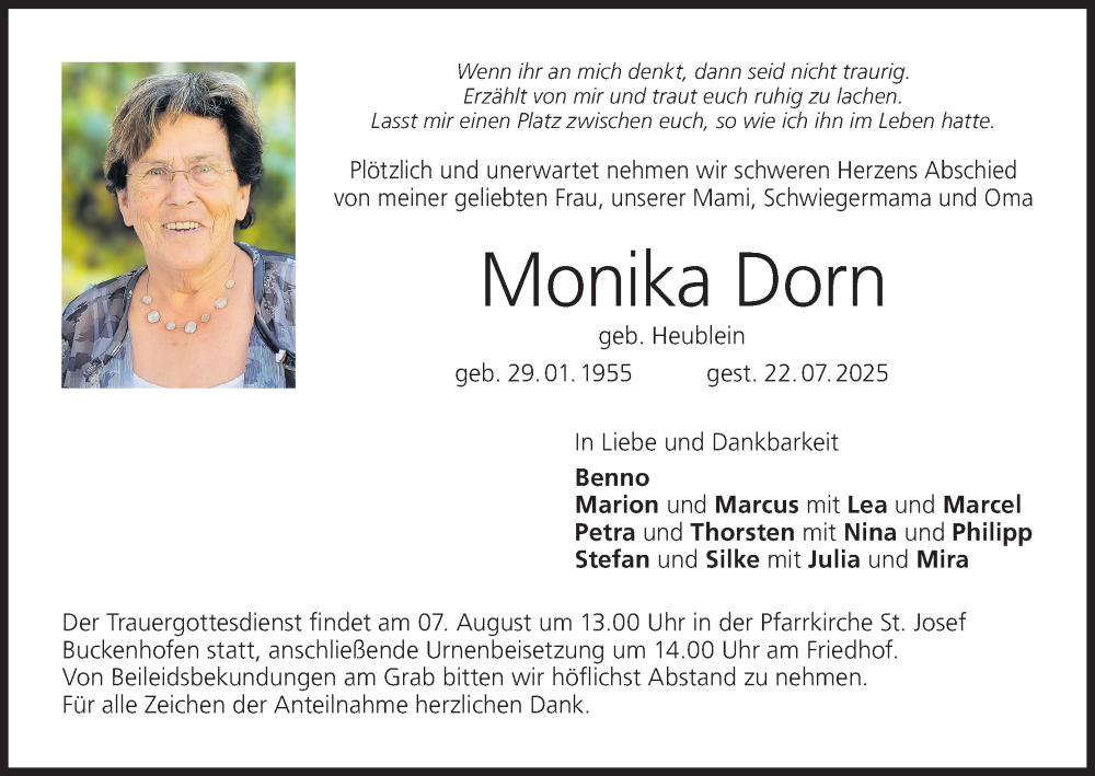  Traueranzeige für Monika Dorn vom 02.08.2025 aus MGO