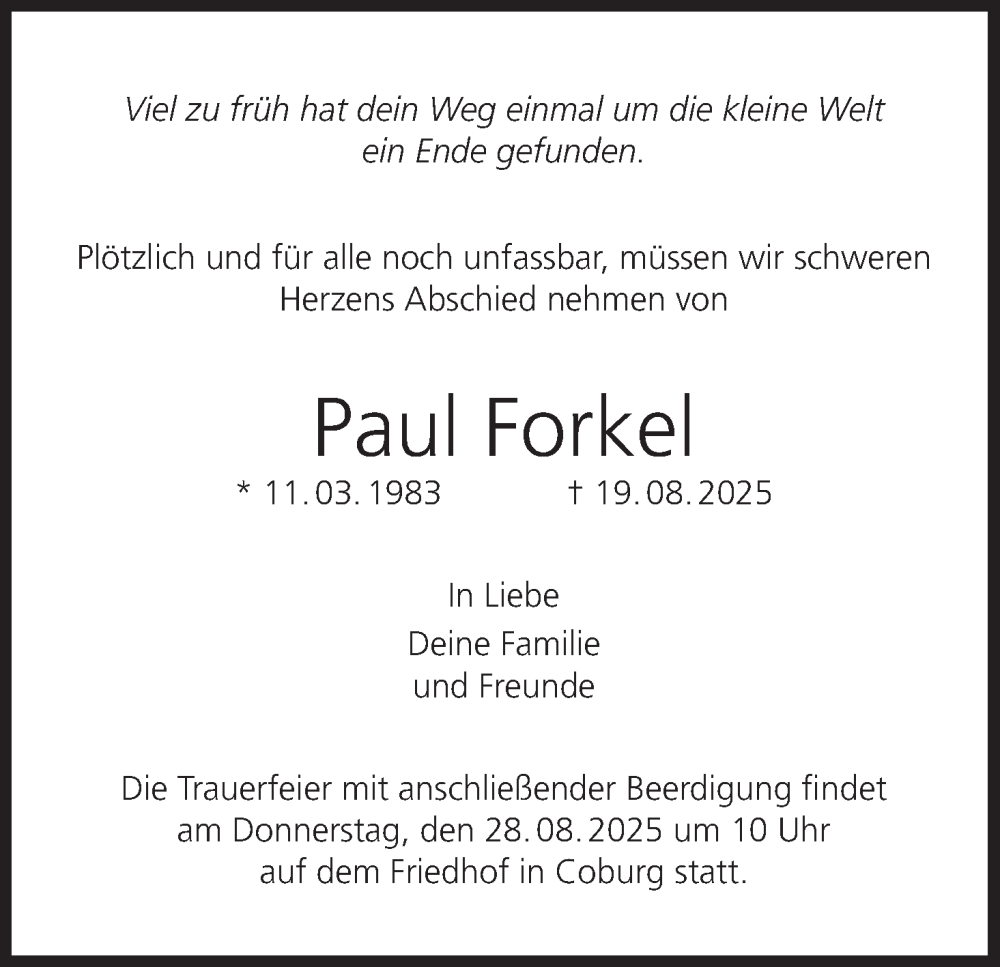  Traueranzeige für Paul Forkel vom 23.08.2025 aus MGO