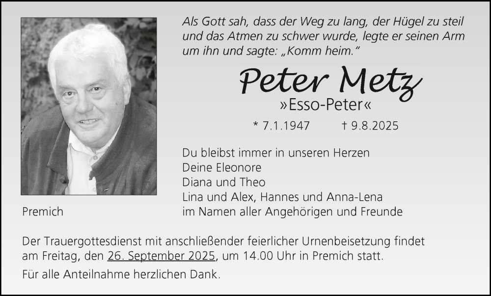  Traueranzeige für Peter Metz vom 16.08.2025 aus MGO