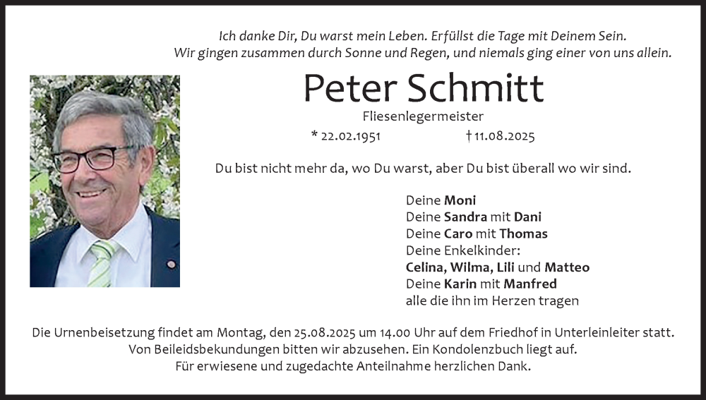  Traueranzeige für Peter Schmitt vom 21.08.2025 aus MGO