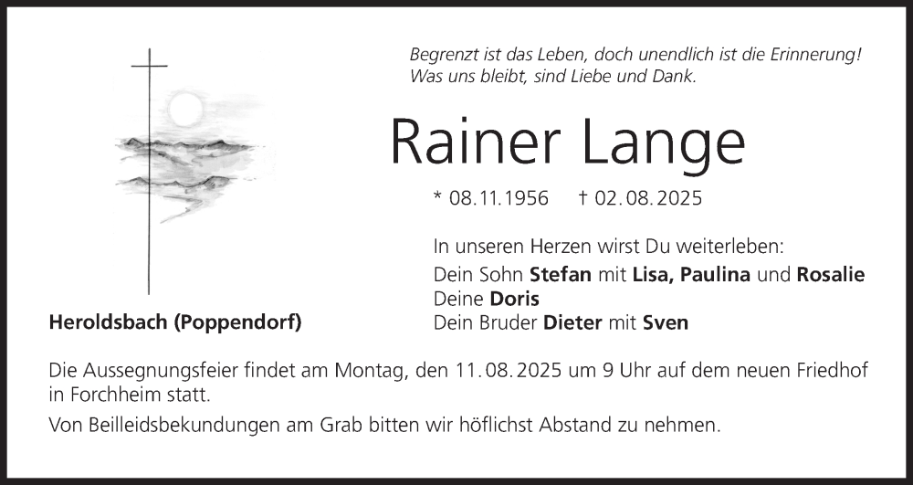  Traueranzeige für Rainer Lange vom 09.08.2025 aus MGO
