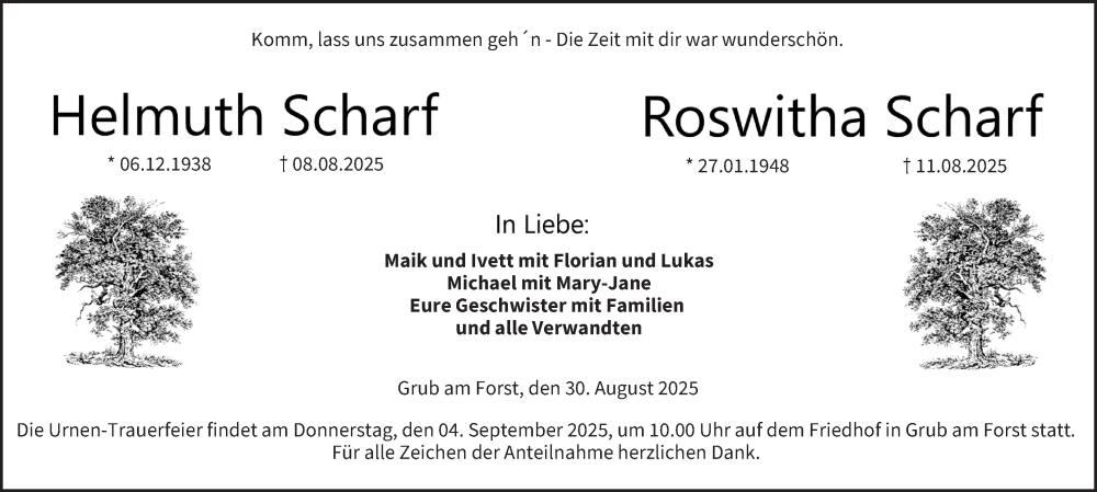  Traueranzeige für Roswitha Scharf vom 30.08.2025 aus MGO