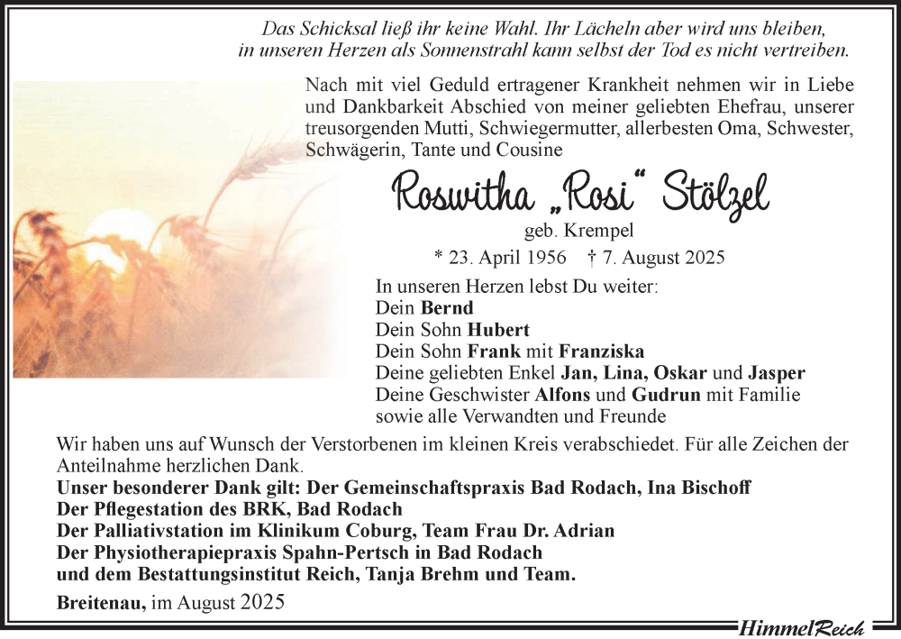  Traueranzeige für Roswitha „Rosi“ Stölzel vom 30.08.2025 aus MGO