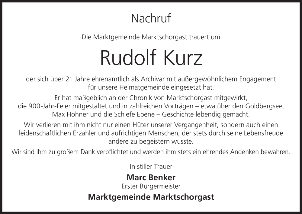  Traueranzeige für Rudolf Kurz vom 07.08.2025 aus MGO
