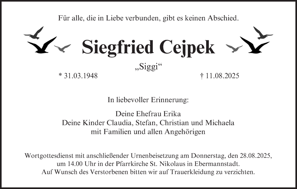  Traueranzeige für Siegfried Cejpek vom 23.08.2025 aus MGO