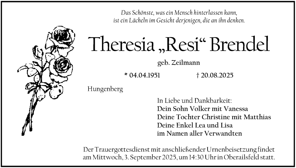  Traueranzeige für Theresia Resi Brendel vom 30.08.2025 aus MGO