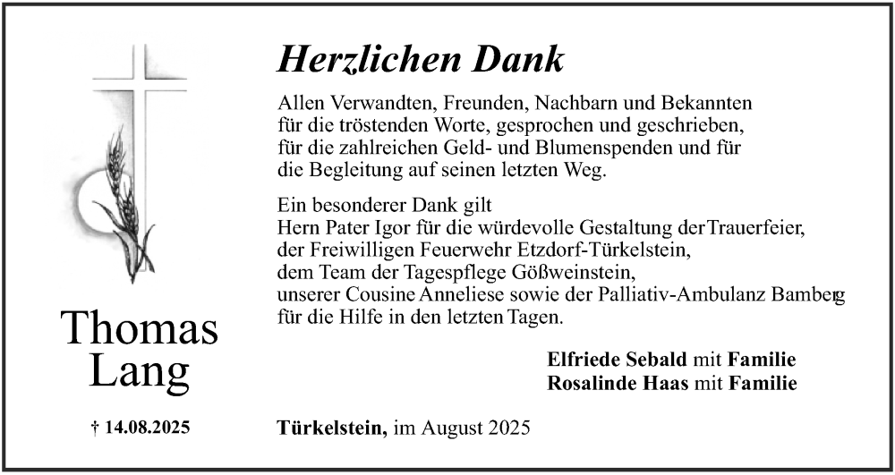  Traueranzeige für Thomas Lang vom 30.08.2025 aus MGO