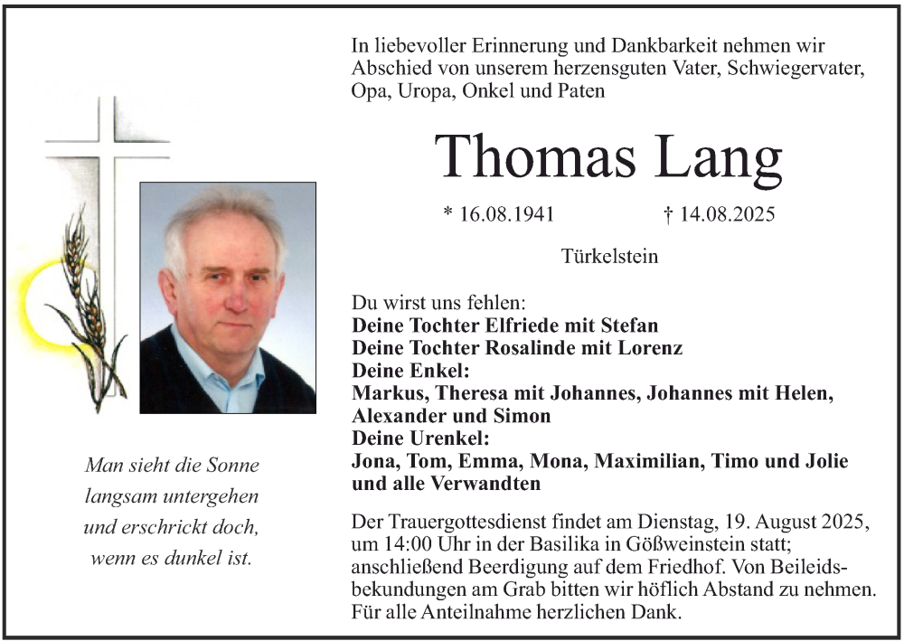  Traueranzeige für Thomas Lang vom 16.08.2025 aus MGO