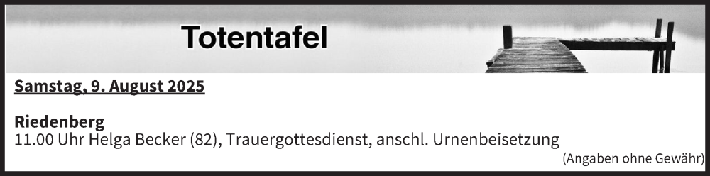  Traueranzeige für Totentafel vom 09.08.2025 vom 09.08.2025 aus MGO