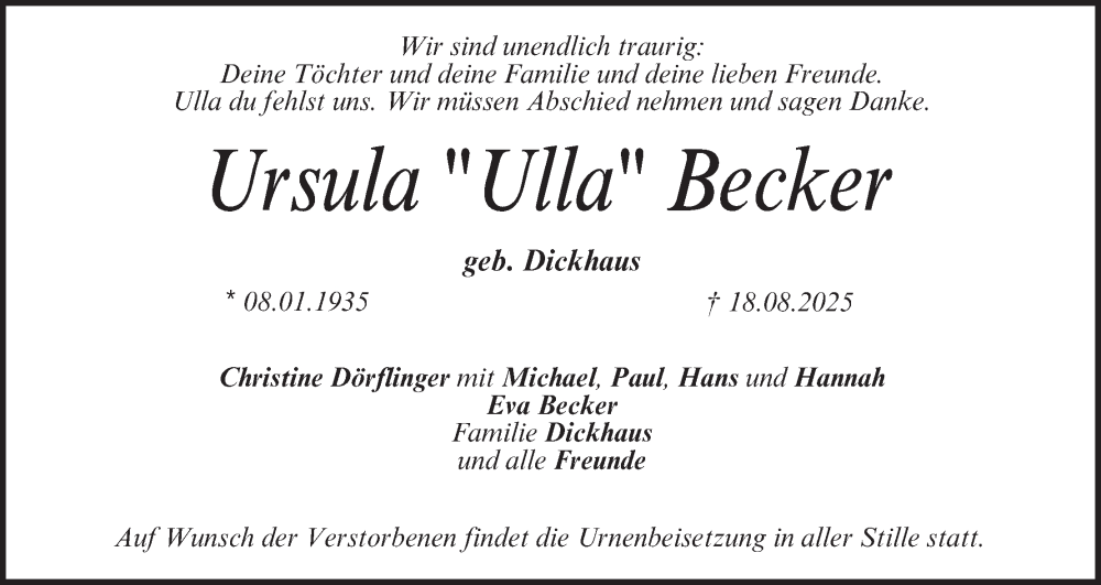  Traueranzeige für Ursula Becker vom 23.08.2025 aus MGO