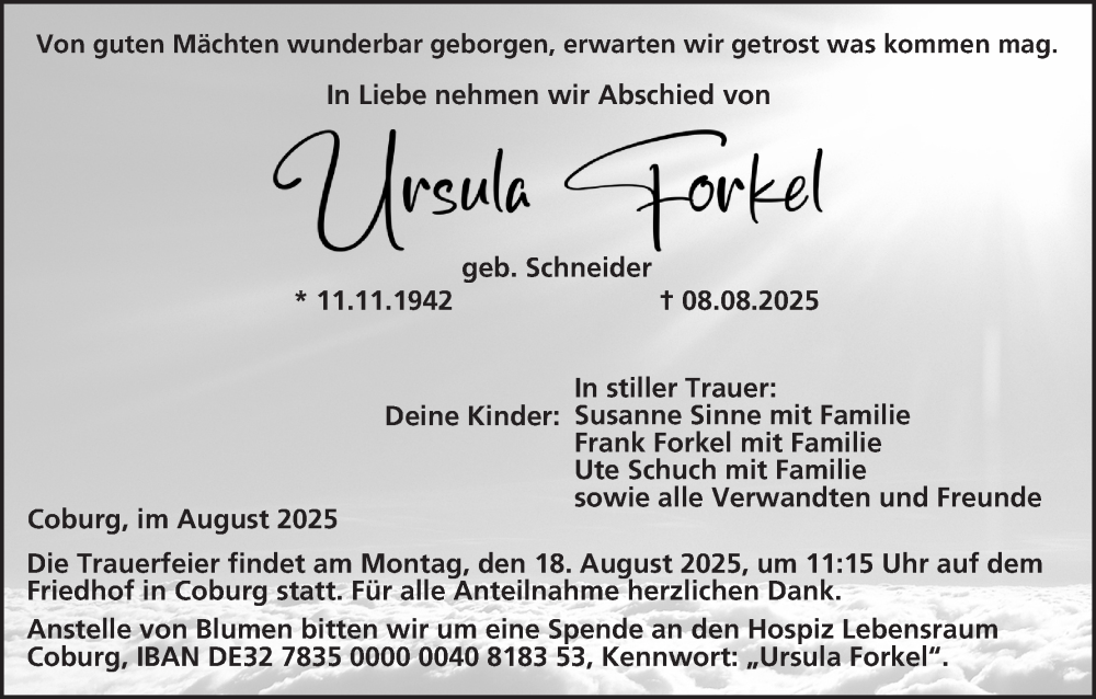  Traueranzeige für Ursula Forkel vom 16.08.2025 aus MGO