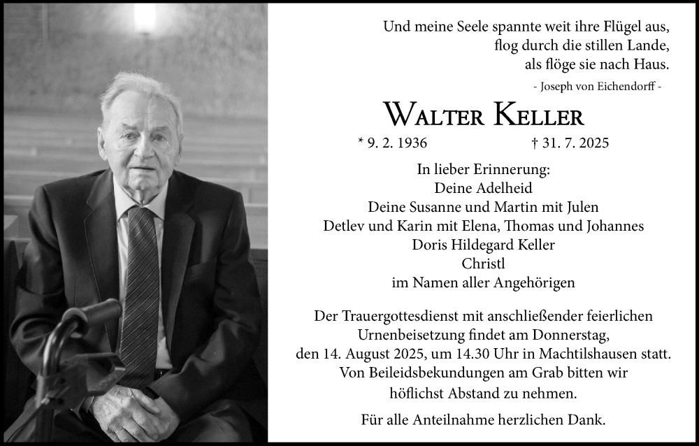  Traueranzeige für Walter Keller vom 09.08.2025 aus MGO