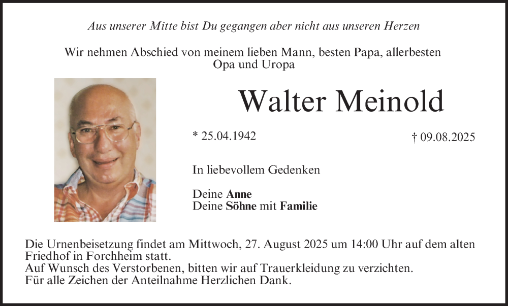  Traueranzeige für Walter Meinold vom 23.08.2025 aus MGO