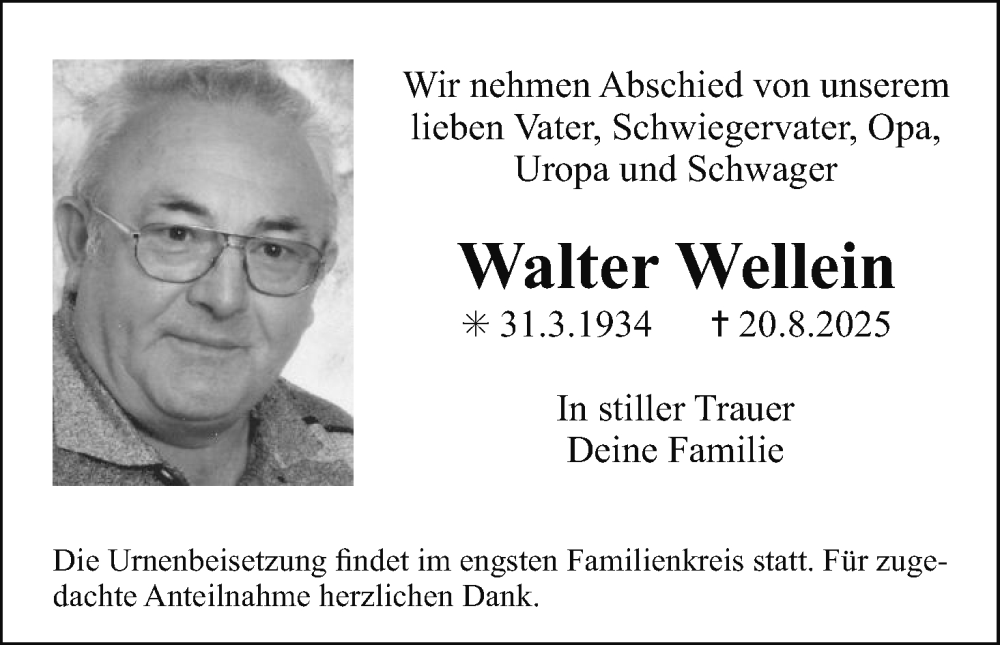  Traueranzeige für Walter Wellein vom 30.08.2025 aus MGO