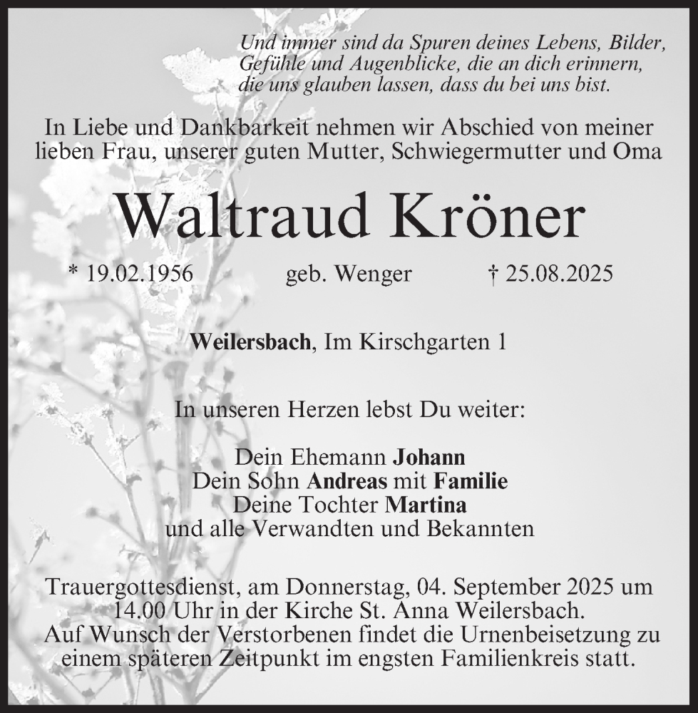  Traueranzeige für Waltraud Kröner vom 30.08.2025 aus MGO