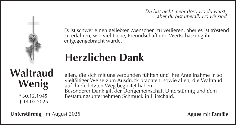  Traueranzeige für Waltraud Wenig vom 09.08.2025 aus MGO