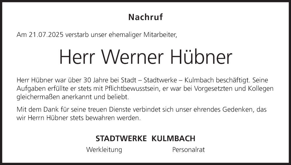  Traueranzeige für Werner Hübner vom 09.08.2025 aus MGO