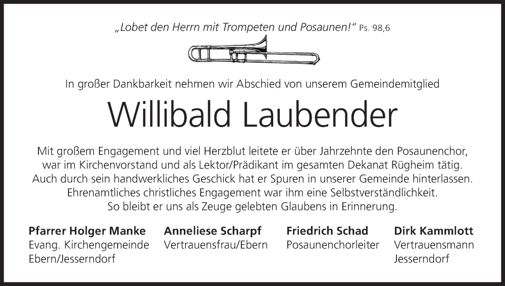  Traueranzeige für Willibald Laubender vom 19.08.2025 aus MGO