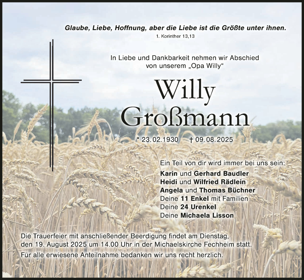  Traueranzeige für Willy Großmann vom 16.08.2025 aus MGO