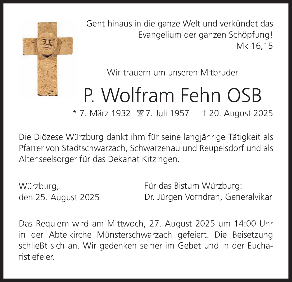  Traueranzeige für Wolfram Fehn vom 26.08.2025 aus MGO
