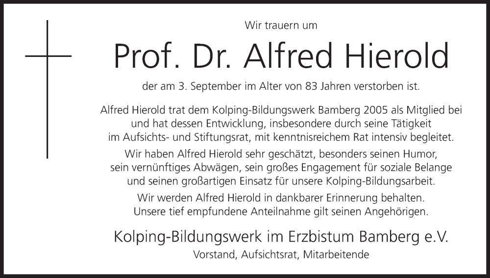  Traueranzeige für Alfred Hierold vom 06.09.2025 aus MGO