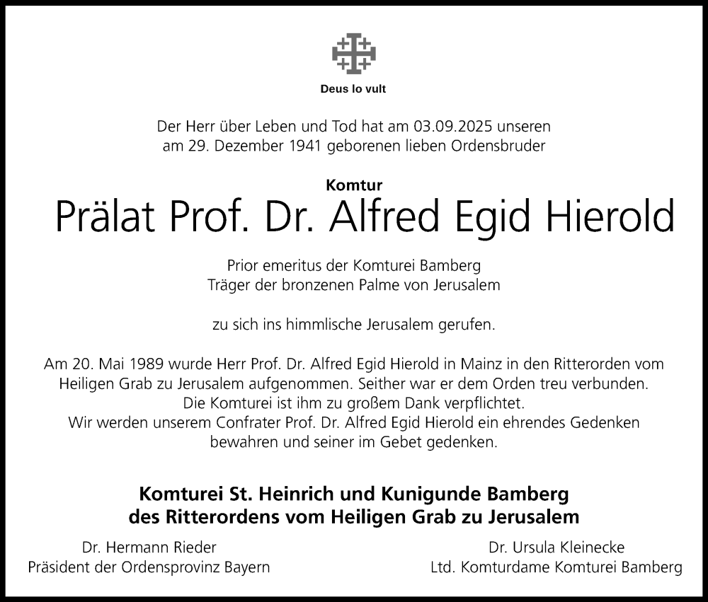  Traueranzeige für Alfred Egid Hierold vom 10.09.2025 aus MGO