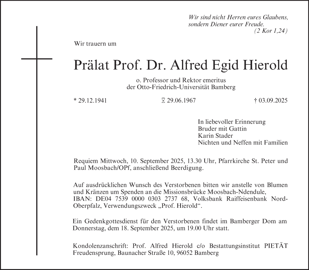  Traueranzeige für Alfred Egid Hierold vom 06.09.2025 aus MGO