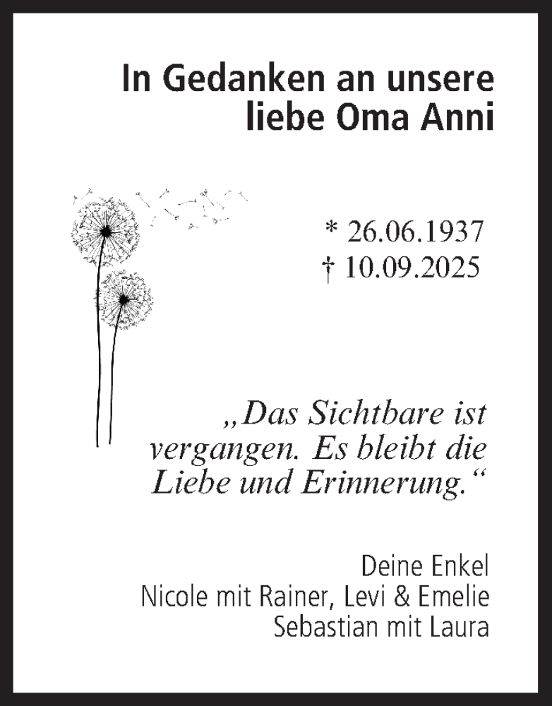  Traueranzeige für Anni  vom 20.09.2025 aus MGO