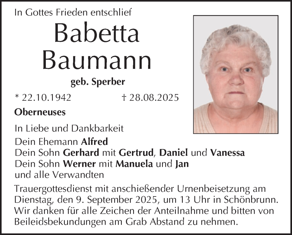  Traueranzeige für Babetta Baumann vom 06.09.2025 aus MGO