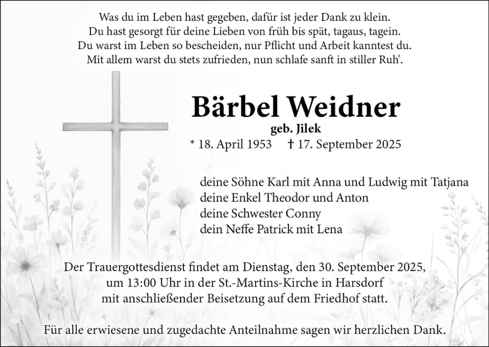  Traueranzeige für Bärbel Weidner vom 27.09.2025 aus MGO