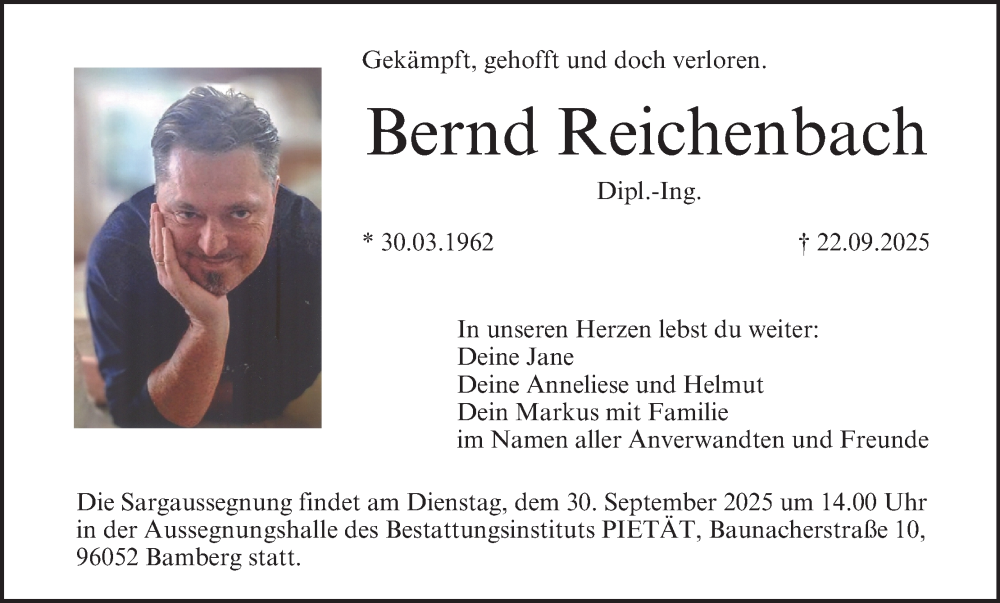  Traueranzeige für Bernd Reichenbach vom 27.09.2025 aus MGO