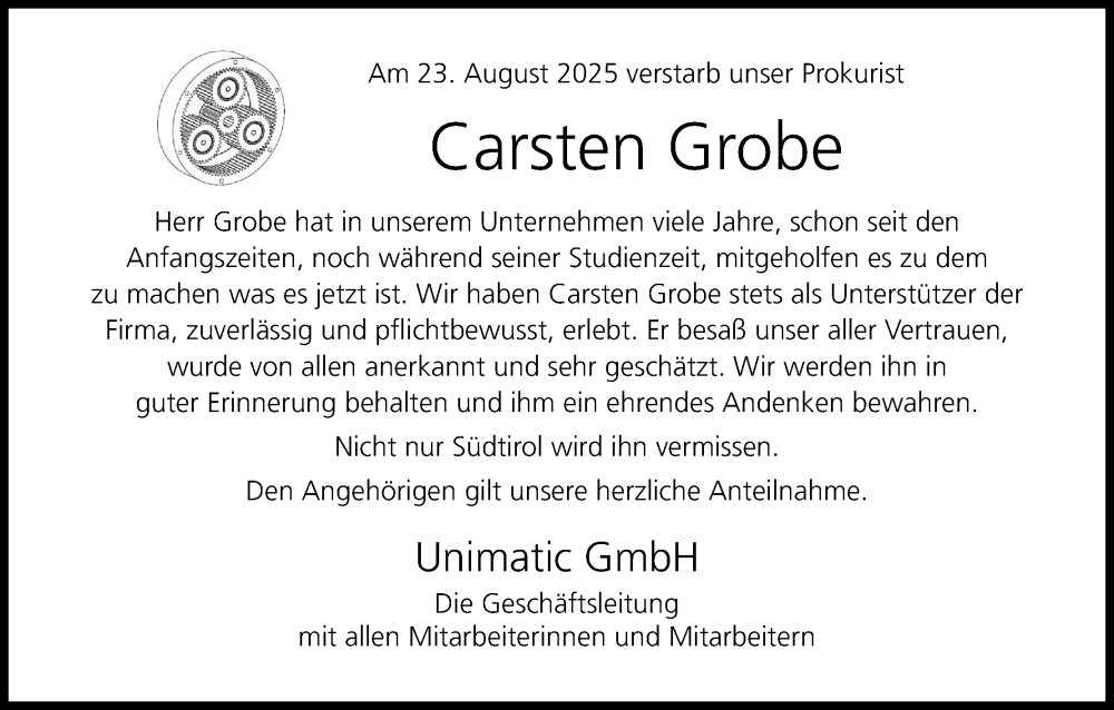  Traueranzeige für Carsten Grobe vom 06.09.2025 aus MGO