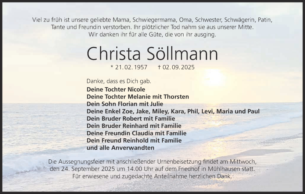  Traueranzeige für Christa Söllmann vom 23.09.2025 aus MGO