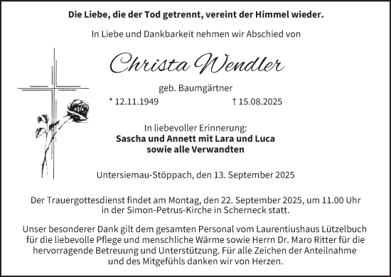 Anzeige von Christa Wendler von MGO