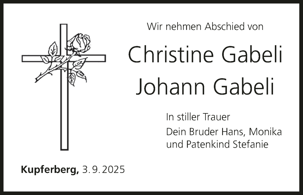  Traueranzeige für Christine Gabeli vom 03.09.2025 aus MGO