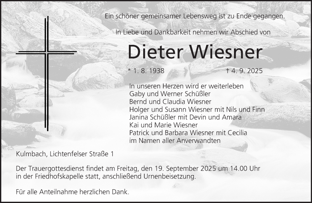  Traueranzeige für Dieter Wiesner vom 17.09.2025 aus MGO