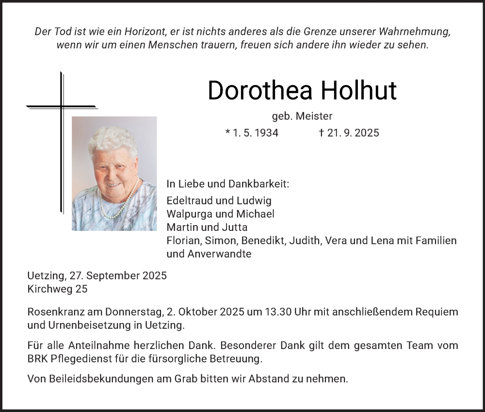  Traueranzeige für Dorothea Holhut vom 27.09.2025 aus MGO