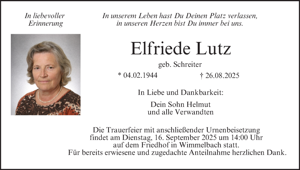  Traueranzeige für Elfriede Lutz vom 13.09.2025 aus MGO