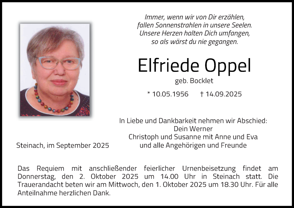  Traueranzeige für Elfriede Oppel vom 27.09.2025 aus MGO