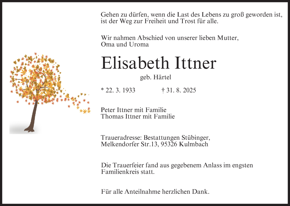  Traueranzeige für Elisabeth Ittner vom 13.09.2025 aus MGO