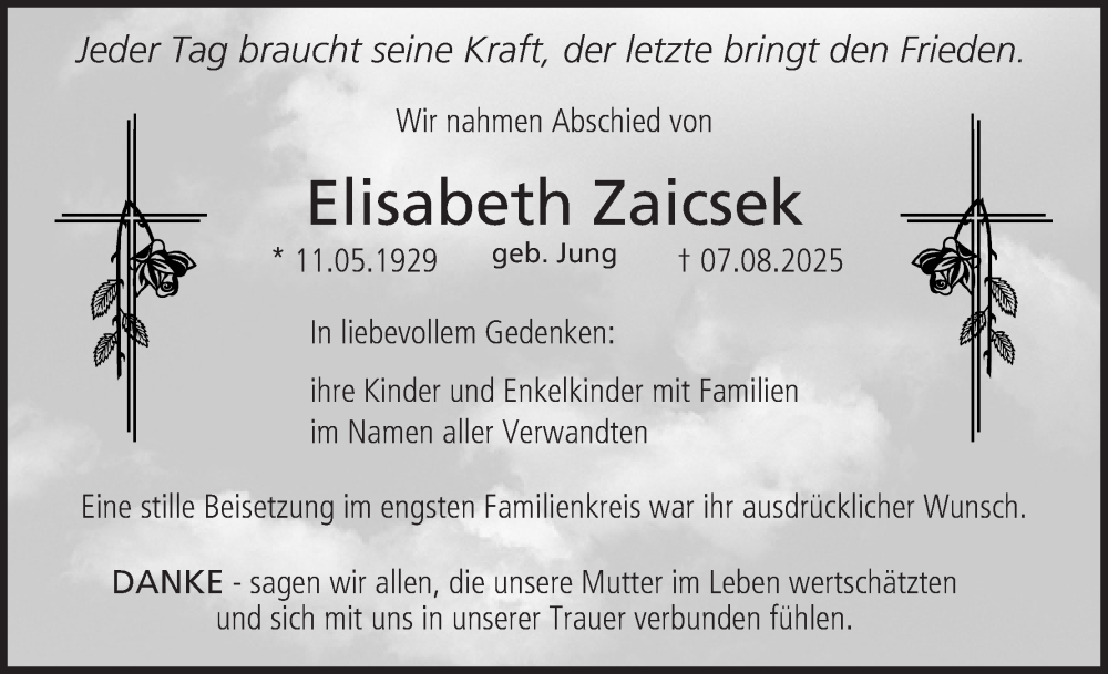  Traueranzeige für Elisabeth Zaicsek vom 06.09.2025 aus MGO