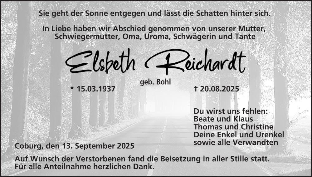  Traueranzeige für Elsbeth Reichardt vom 13.09.2025 aus MGO