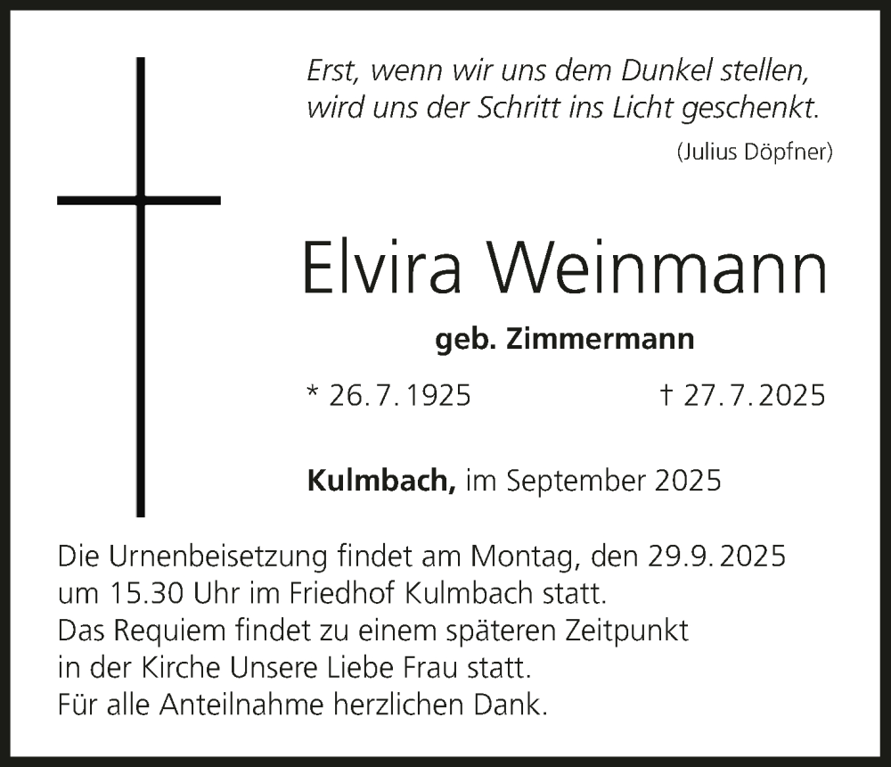  Traueranzeige für Elvira Weinmann vom 20.09.2025 aus MGO