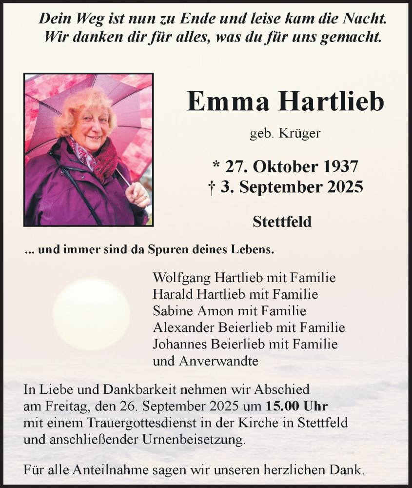  Traueranzeige für Emma Hartlieb vom 20.09.2025 aus MGO