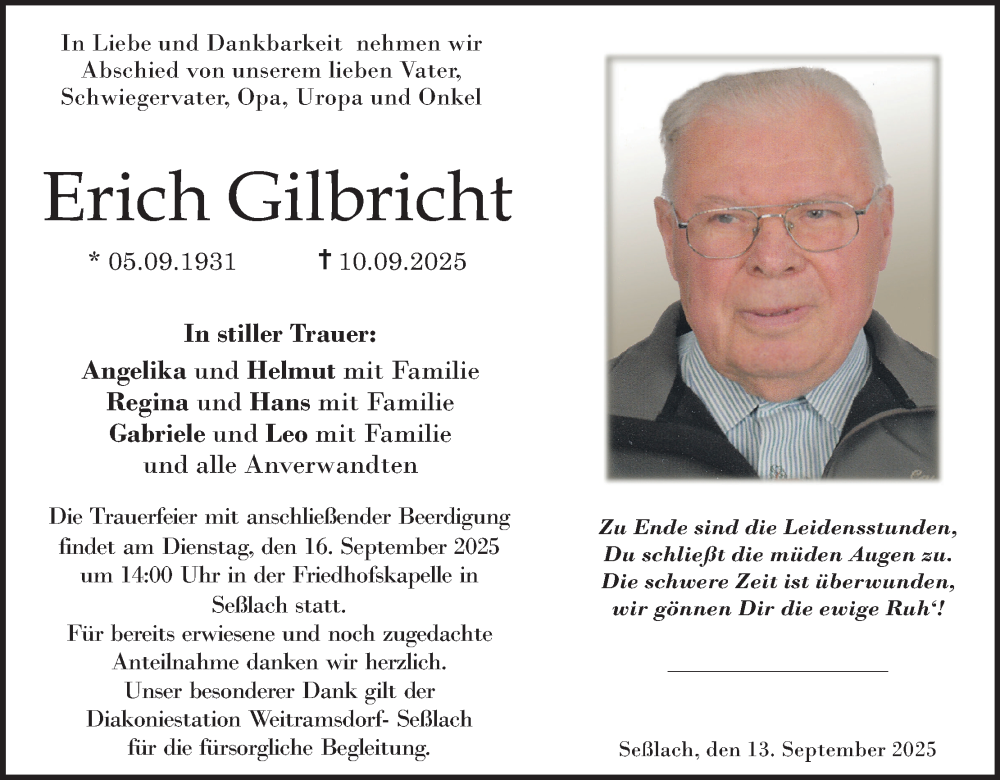  Traueranzeige für Erich Gilbricht vom 13.09.2025 aus MGO