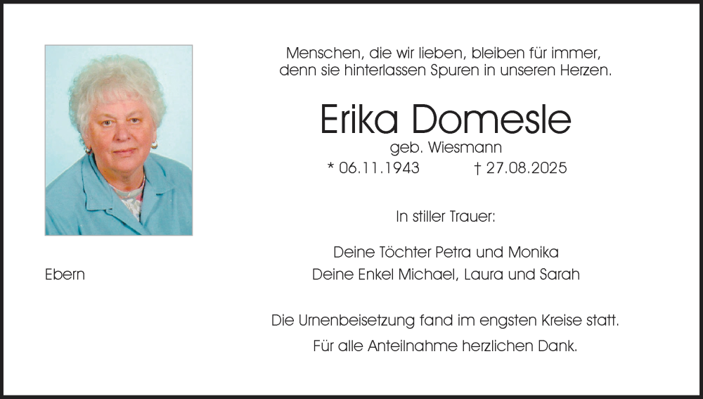  Traueranzeige für Erika Domesle vom 13.09.2025 aus MGO