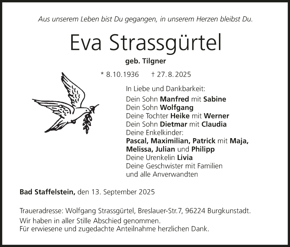  Traueranzeige für Eva Strassgürtel vom 13.09.2025 aus MGO