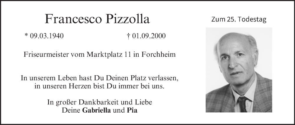  Traueranzeige für Francesco Pizzolla vom 01.09.2025 aus MGO