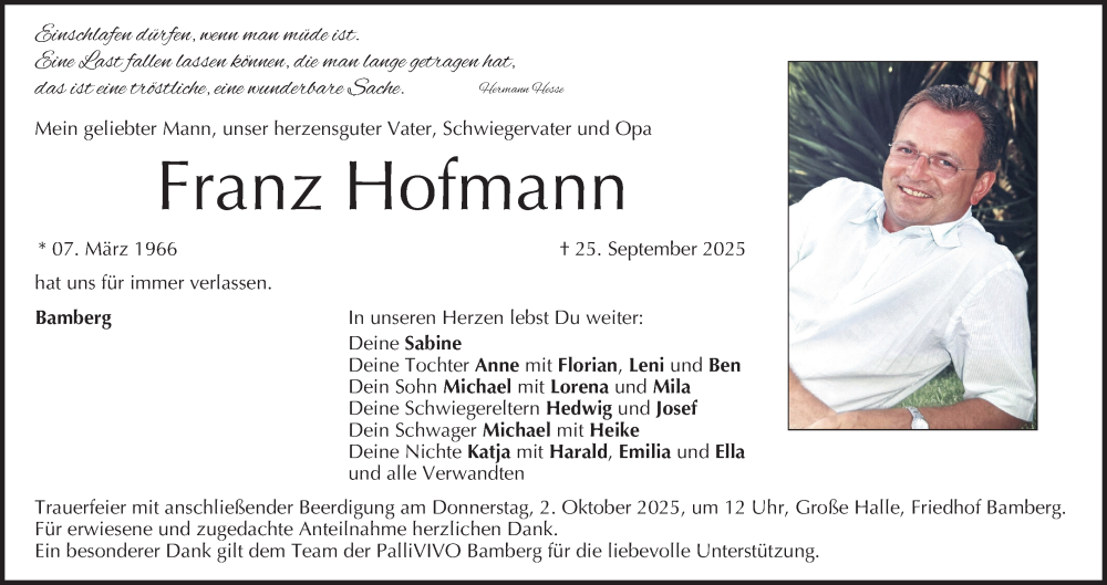  Traueranzeige für Franz Hofmann vom 27.09.2025 aus MGO